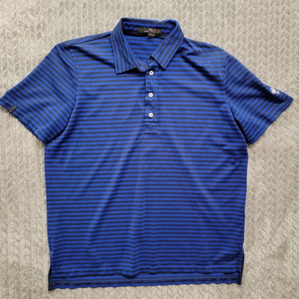 RLX Ralph Lauren Polo Shirt Mens Large Blue Black Striped Golf Club Logo